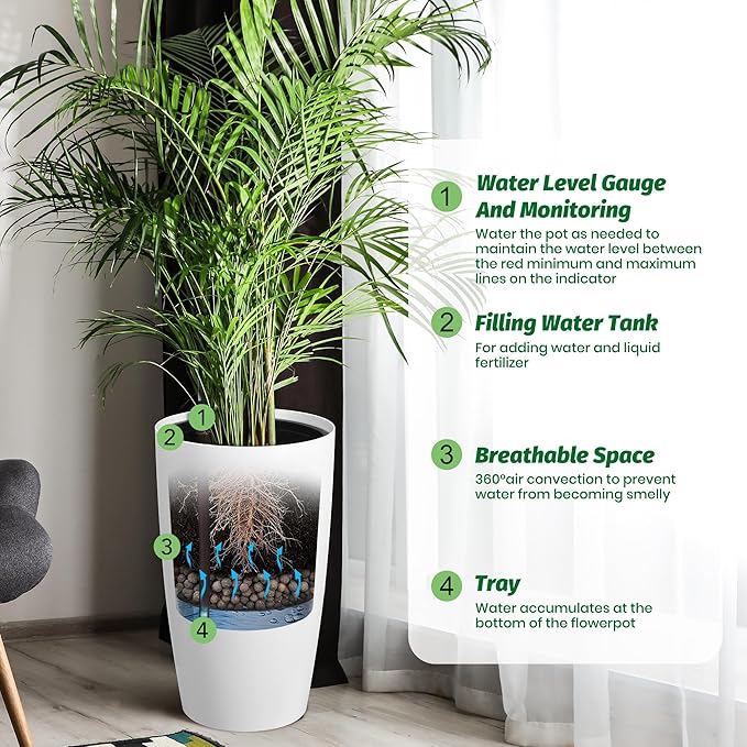 22" Tall Round Planter Set of 2, Self Watering Pots for Indoor Plants, Large Flower Pot Outdoor with Built-in Drainage and a Water Level Monitor, for Patio, Porch, Living Room, or Home Office, White