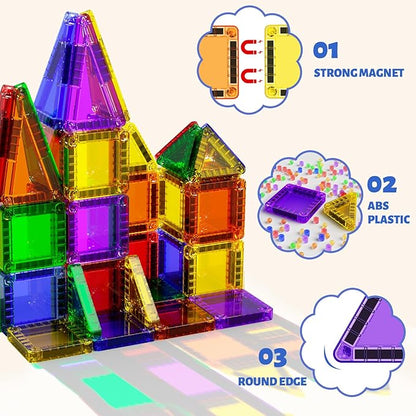 60PCS Mini Magnetic Tiles Travel Set with Metal Storage Box, Magnetic Blocks Kids Toy 3D Clear Magnetictiles Road Trip ‌Essentials Montessori Preschool Classroom Must Haves Xmars Gift for Age 3+