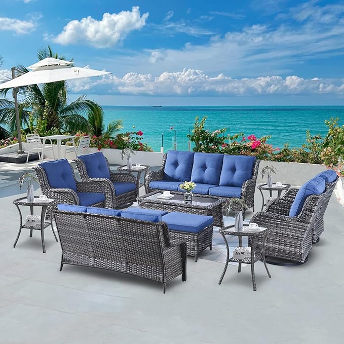 Wicker Patio Furniture Sets - 13 Piece Outdoor Rattan Furniture Conversation Sets with 4 Swivel Rocker Chairs, 2 Rattan Sofas, Wicker Ottomans and Coffee Table, Mixed Grey/Blue