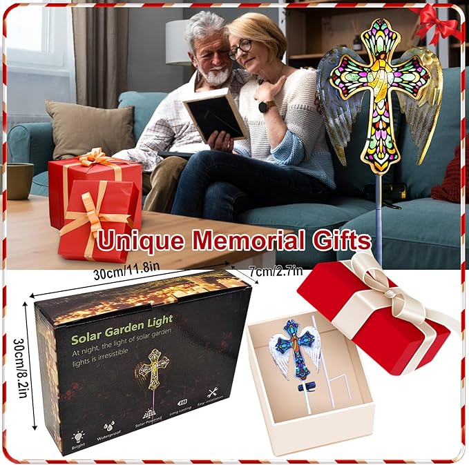 YJFWAL Solar Glass Cross Garden Stake Light, Cemetery Decorations for Grave Outdoor Lights, Jesus Cross Angel Wings Sympathy Memorial Gifts, for Easter Halloween Garden Lawn Yard Patio Decor