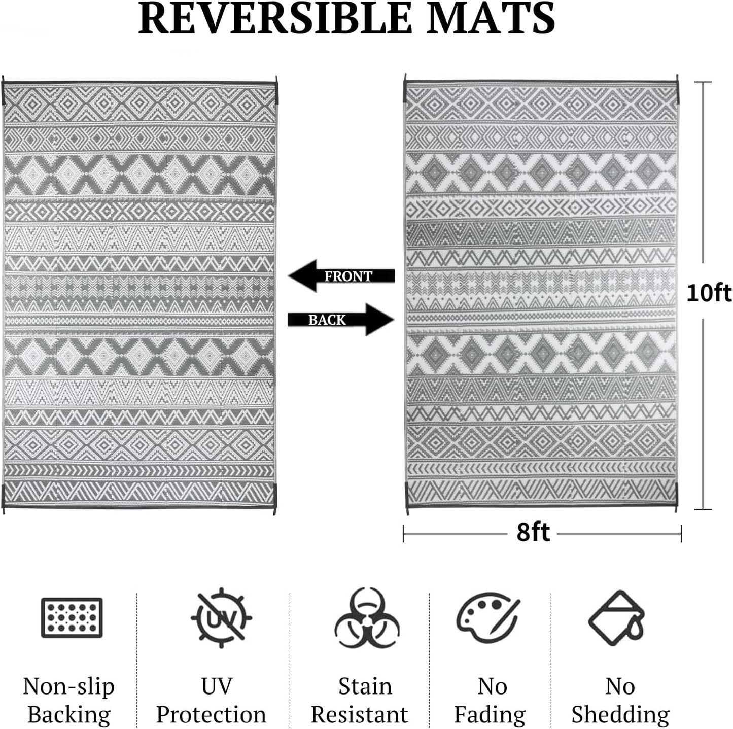 8'x10' Reversible Outdoor Rug - Eco-Friendly Plastic Straw Rug-Heavy-Duty Waterproof Mat, UV & Fade Resistant for Patio, Camping, RV, Deck, Balcony(8x10,Gray&White)