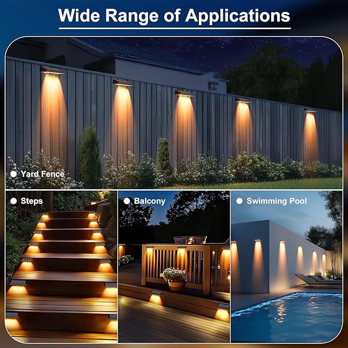Solar Fence Lights Outdoor Waterproof IP65, 8 Pack Fence Lights Solar Powered 60 Lumens Auto On/Off Step Wall Lights Outside Decorations for Yard, Porch, Patio, Stairs, Pool, Deck, Garden- Warm Light