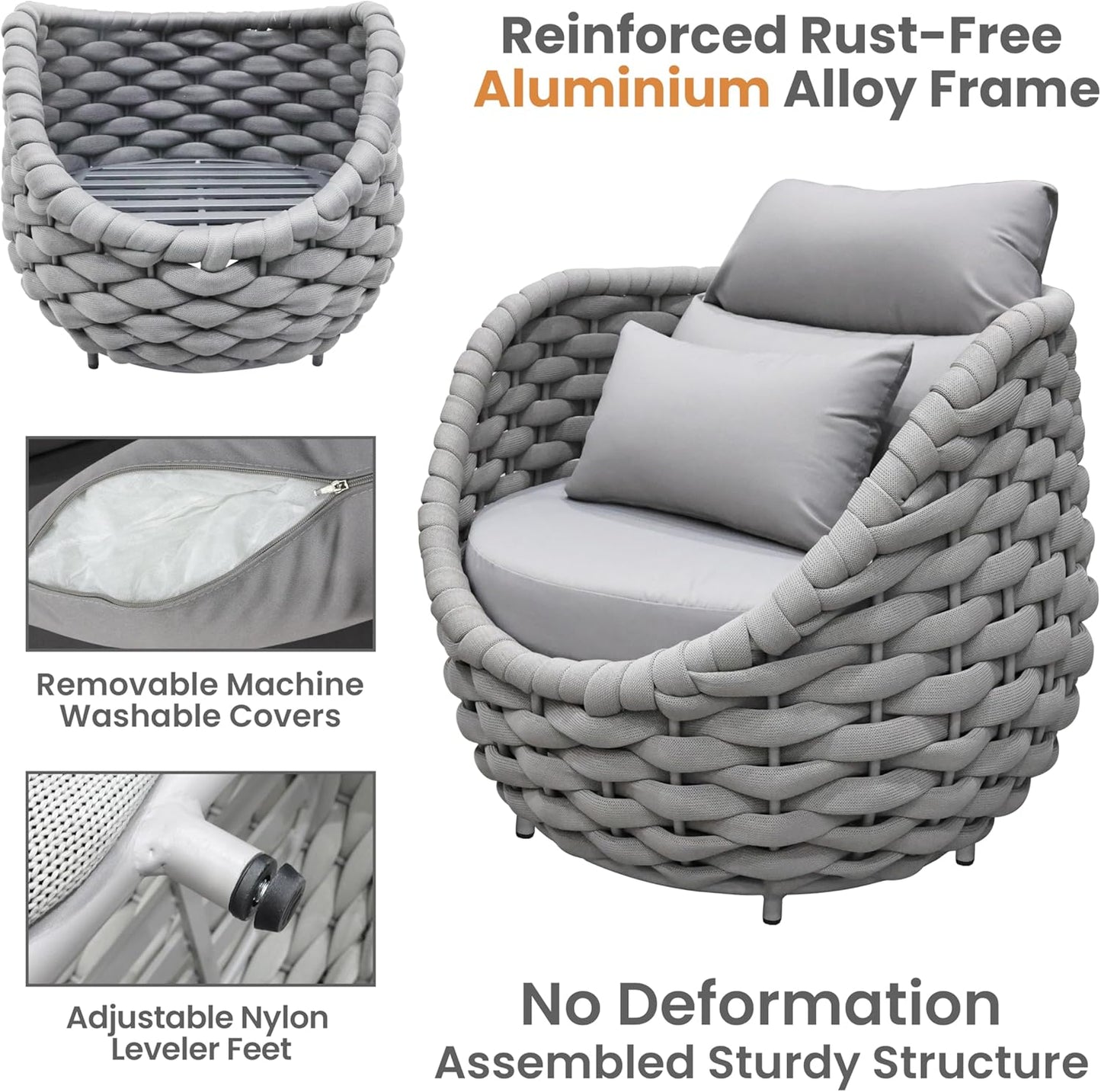 Rope Outdoor Patio Furniture Set: 6 Pieces Aluminum Porch Conversation Sofa Set - Modern Hand Woven Deck Couch Set Cushioned - No Assembly All Weather for 660lbs Yard Garden Lanai Hotel, Gray
