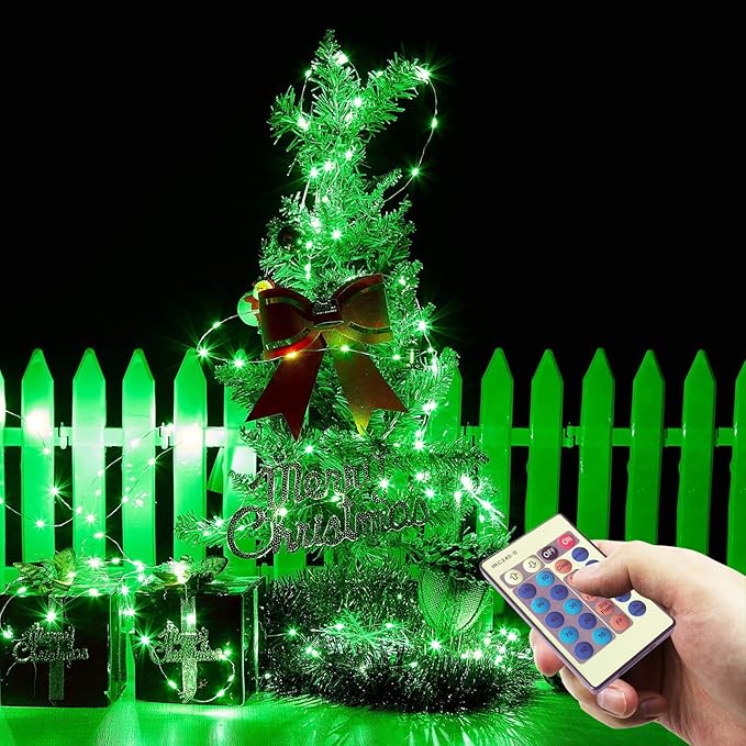 RUICHEN Green Dimmable Fairy Lights Plug in, Super Long 165 Ft 500 LED Twinkle String Lights with Remote, Waterproof Silver Wire Firefly Lights for Christmas Wedding Party Bedroom Patio Garden