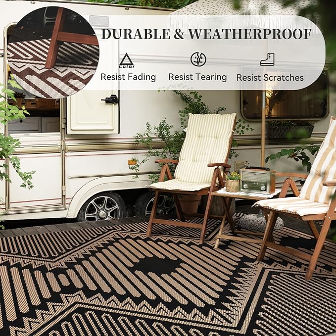 MontVoo Outdoor Rug-Waterproof Camping Rug Patio Rug Mat 6x9 Reversible Plastic Straw Outside Outdoor Rug for RV Camping Picnic Balcony Backyard Pool Deck Porch Modern Boho Black Brown