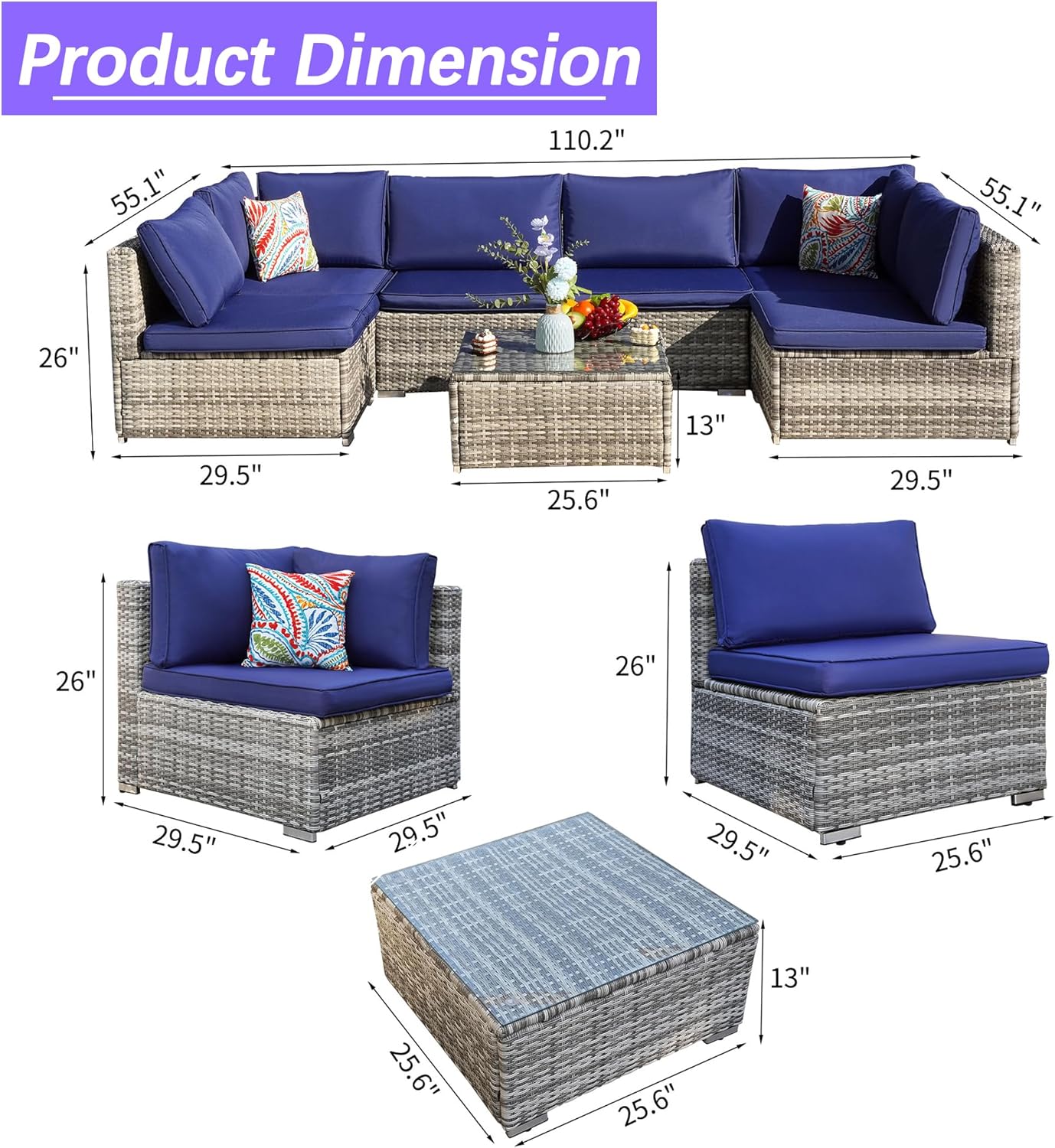 7 Piece Patio Furniture Set, Outdoor Couch Set—All-Weather Outdoor Furniture Sectional w Water Resistant Thick Cushions, Patio Sofa Set w 2 Extra Pillows and Coffee Table, Navy Blue/Gray