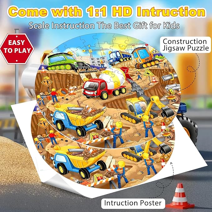 71Pcs Christmas Construction Vehicle Floor Puzzle for Kids 3,4,5,6,7,8,Educational Building Jigsaw Puzzles with Excavator Dumper Monster Truck for Ages 3-5,Learning Toys Gift for Girls and Boys