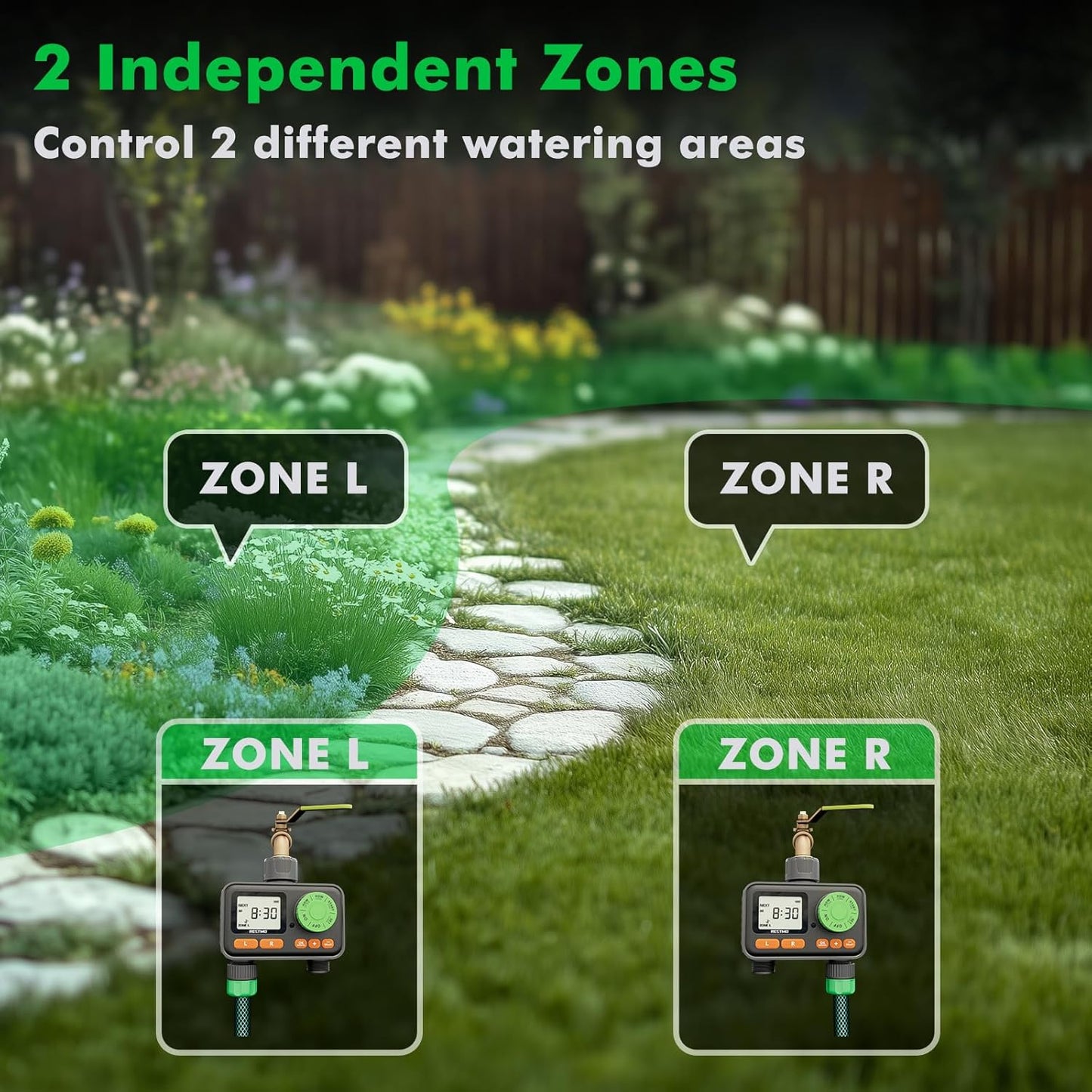 [2 Pack] RESTMO 2 Zone Sprinkler Timer, Programmable Water Timer for Garden Hose, Automatic Digital Control | Manual ON/Off | Rain Delay for Outdoor Faucet, Drip Irrigation and Lawn Watering System