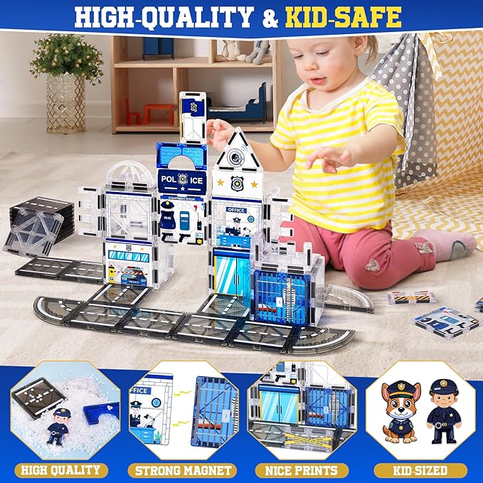 60PCS Police Station Magnetic Tiles Set with 6 Magnetic Dolls,Magnet Tiles Building Blocks for kids,Toy for Boys 3-5 4-8-12 Gifts,STEM City Police Toys Include Policeman,Puppy,Criminal,Vehicles,Prison
