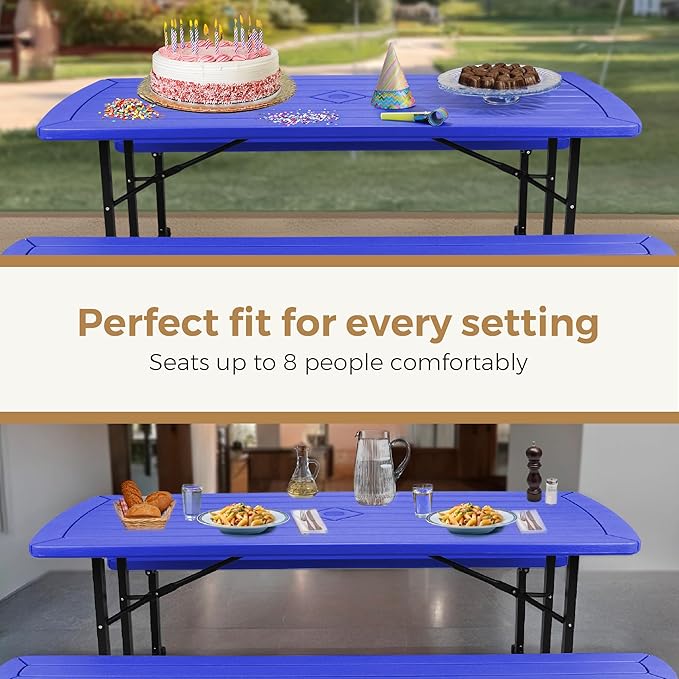 OEF Furnishings Heavy Duty Blow Molded Folding Picnic Table - Blue, Black Fram