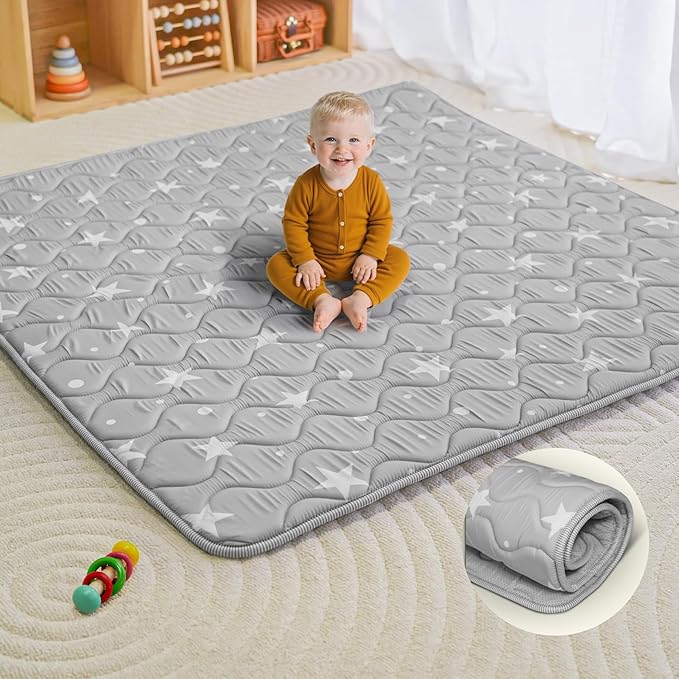 Baby Play Mat, 50x50 Playpen Mat, Thick Soft Foam Playmats for Baby, Foldable and Washable Crawling Mat for Floor (Gray Stars)