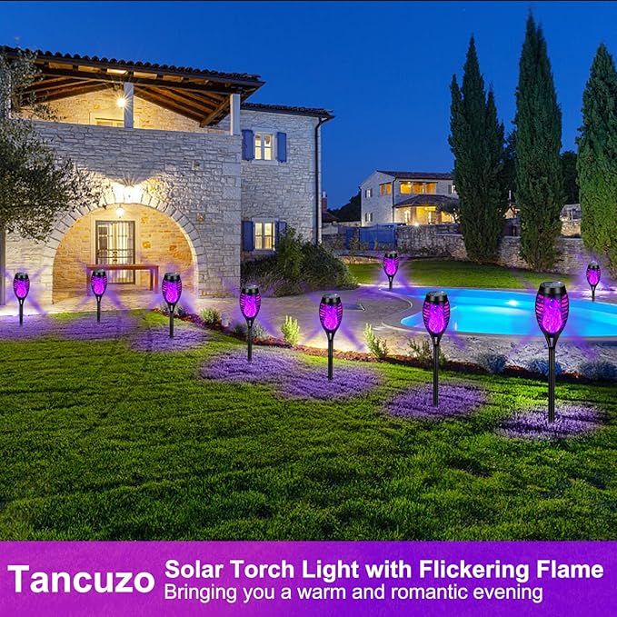 Solar Lights Outdoor, Upgraded 12 Pack Purple Solar Torch Light with Flickering Flame Waterproof for Garden Decor, Flame Torches for Outside Landscape Porch Yard Pathway Decorations