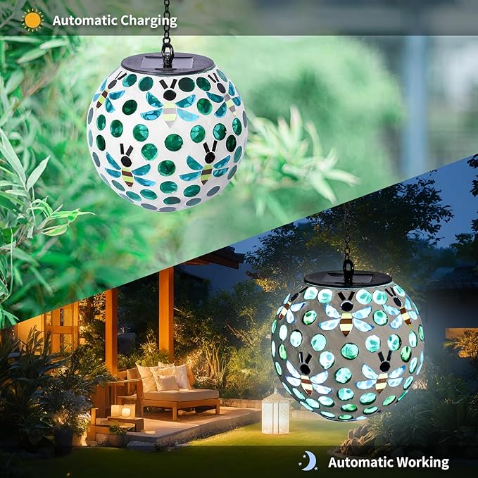 VCUTEKA Solar Chandelier Outdoor, Hanging Mosaic SolarLights with Hook Up, Solar Garden Lantern Decor for Yard, Deck and Patio, Green