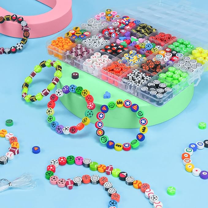 Gionlion Sports Polymer Clay Beads Bracelet Making Kit, Clay Beads with Basketball, Soccer, Baseball, and Football Designs for DIY Jewelry & Craft Projects
