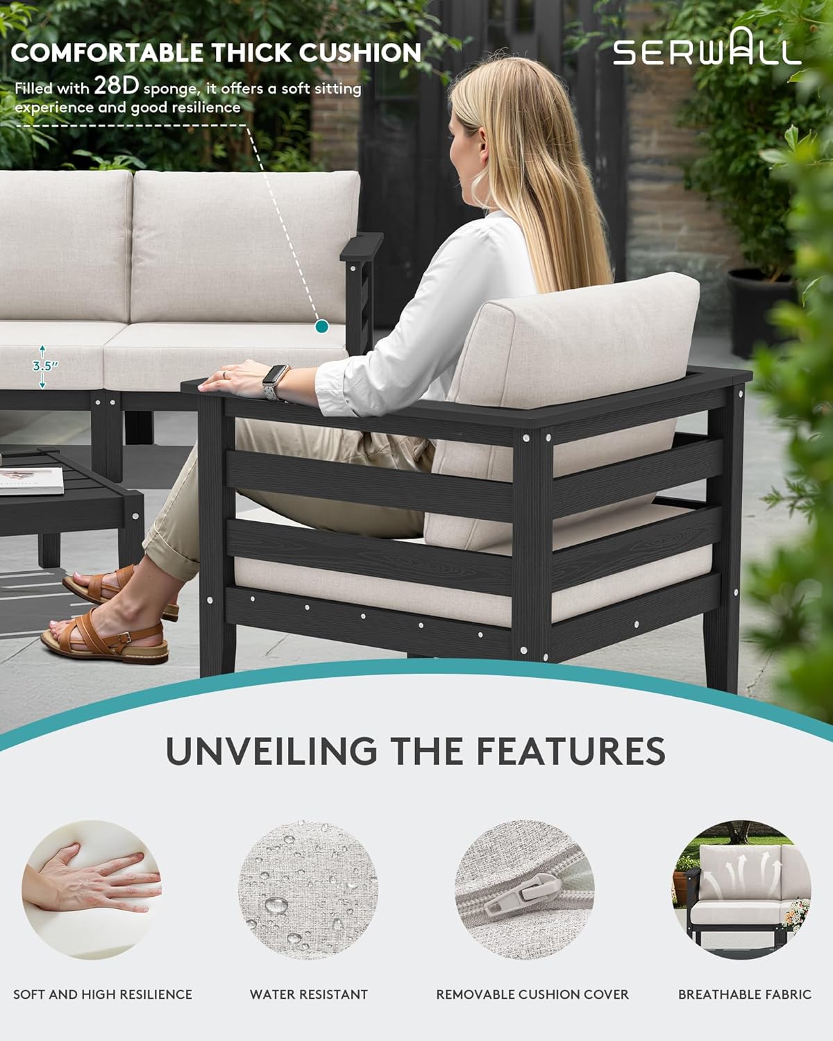 SERWALL HDPE Patio Furniture Set, 6 Pieces Outdoor Sectional Sofa Set, All-Weather Wood-Like Outdoor Sofa Couch with Coffee Table for Deck, Lawn, Black Frame with Khaki Cushion