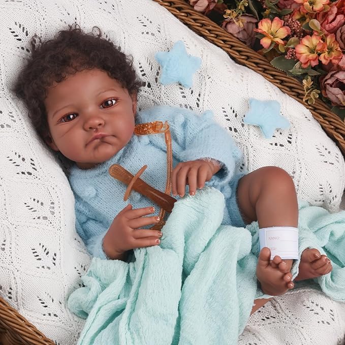 WOOROY Realistic Reborn Baby Dolls Black – 18-Inch African American Real Life Baby Doll Boy with Curly Hair and Open Eyes, Lifelike Gift Toy with Doll Accessories for Kids Ages 3+