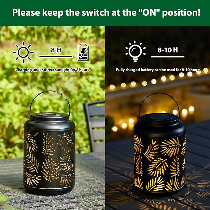 Glitzhome Solar Lantern Black Metal Cutout Leaf Outdoor Hanging Solar Light with Handle for Garden Patio Yard Outdoor Decor