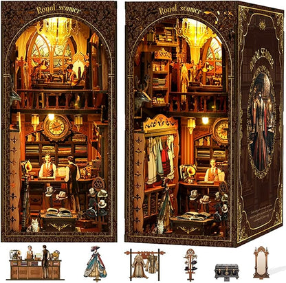 ISSEVE Book Nook Kit, DIY 3D Wooden Puzzle Dollhouse Booknook for Adults, Tiny Miniature House Kit Bookshelf Decor with LED Light and Dust Cover, Gifts for Family and Friends (Royal Seamer)