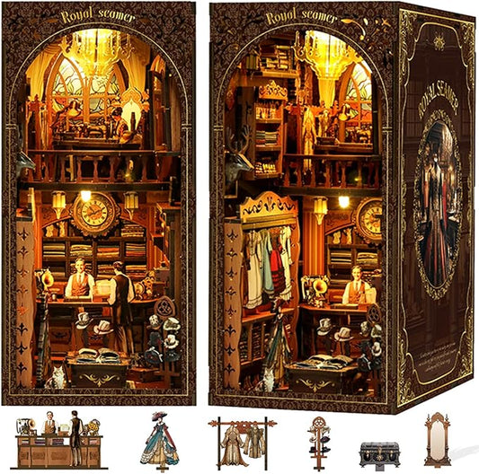 ISSEVE Book Nook Kit, DIY 3D Wooden Puzzle Dollhouse Booknook for Adults, Tiny Miniature House Kit Bookshelf Decor with LED Light and Dust Cover, Gifts for Family and Friends (Royal Seamer)