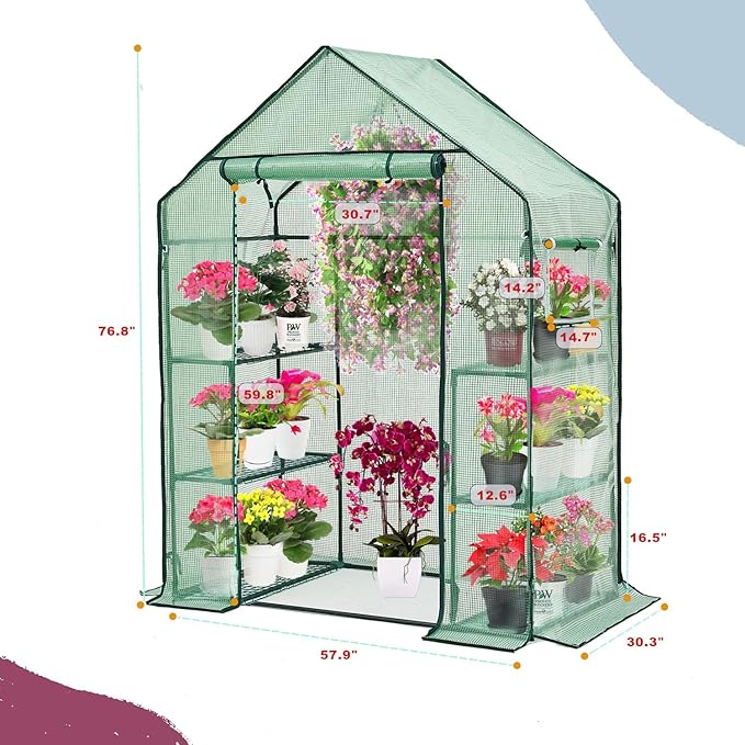 Walk-in Greenhouse for Outdoors w/ Mesh Side Windows, 3 Tiers 6 Shelves PE Cover Green House Portable Warm House for Seedling Flowers Growing 20 Pcs T-Type Plant Tags Include (GHW001G)