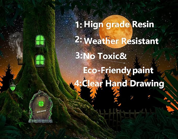 Resin Miniature Fairy Gnome Home Windows and Welcome Door with Fairy Lantern,Glow in Dark Art Sculpture for Trees Outdoor Indoor Garden Yard Wall Decorations