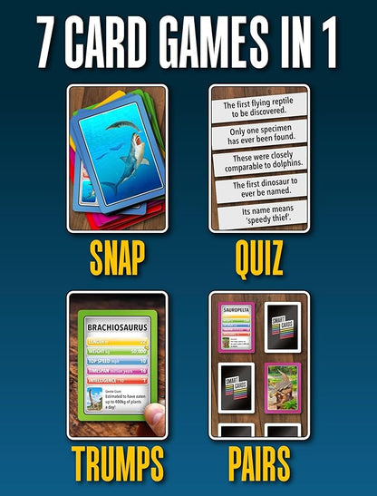 DINOSAURS Card Game - Matching Pairs, Snap, Trumps, Rummy, Happy Families (7 Games To Play) | Travel Game, Gift, Stocking Stuffer | for Adults, Kids, Boys, Girls | Age 5+, 1-8 Players