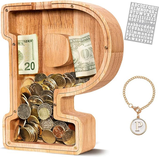 KMC Wooden Letter Piggy Bank, Personalized Initial Piggy Bank for Kids Boys, Clear Alphabet P Wood Money Box, Unbreakable Coin Saving Jar, Birthday, for Children