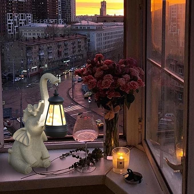 Solar Powered Outdoor Figurine Lights, 10 Inch Waterproof Animal Elephant Statue Light, Suitable for Decorations for Patio, Balcony, Lawn, Courtyard, Etc. (Trunk)