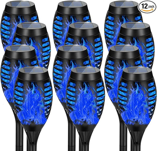12 Pack Solar Torch Lights Outdoor Waterproof - Blue Flickering Flame, Outdoor Solar Garden Lights for Yard, Tiki Torches for Outside Patio Pathway Decorations