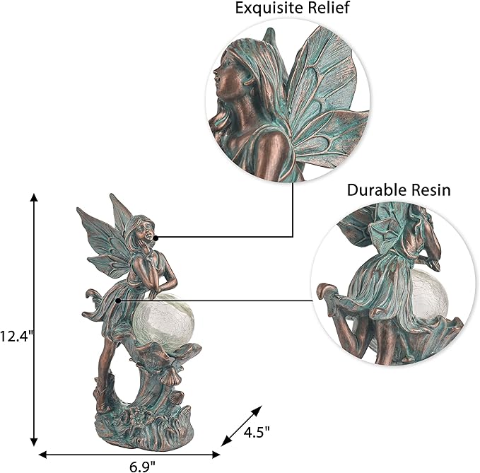 TERESA'S COLLECTIONS Fairy Garden Statues Outdoor Solar Light for Outdoor Decor, Patina Bronze Fairy Resin Garden Decor Sculptures with Crackle Glass, Lawn Ornaments Yard Decor Gifts for Mom, 12.4"