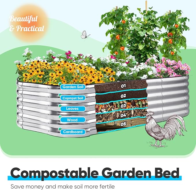 Quictent Raised Garden Bed Kit Oval Galvanized Metal Planter Box Tall for Vegetables Outdoor Backyard, Rubber Strip Edging Included, Silver 6x3x1.5 ft