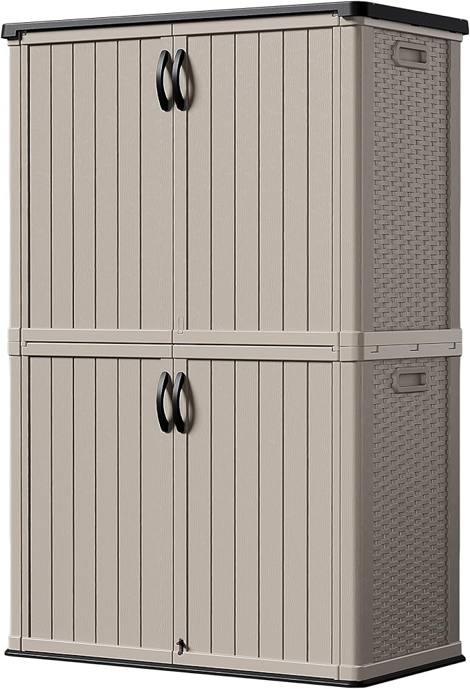 Devoko Outdoor Storage Cabinet 50 Cu Ft with Lockable Doors, Vertical Storage Shed Waterproof Patio Tools Storage Box for Sofa Cushions, Gardening Tools and Accessories (Beige)