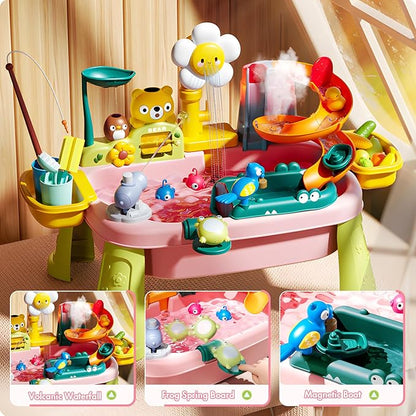 2026 Upgraded Toddler Sand Water Table Toy with Electric Water Pump, Kids Sand Water with Faucet/Play Food Accessories/Fishing Toy, Kitchen Play Sink Toys for Girl Boy Age 3+ (Pink)