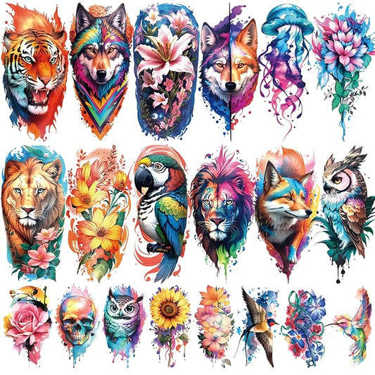 77 Sheets Flower Lion Tiger Temporary Tattoo for Women Men, 17 Sheets Half Arm Large Cat Owl Parrot Fake Tattoos, 60 Sheets Snake Wolf Feather Tiny for Adult Kids Body Tattoos Stickers Realistic