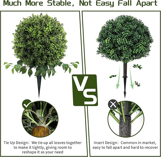 28" Artificial Boxwood Ball Bush, UV Resistant Topiary Tree Faux Boxwood Ball Shaped Porch Bushes with Ground Spike Artificial Bushes for Outdoors Front Door Decor Home Garden (6, Green)