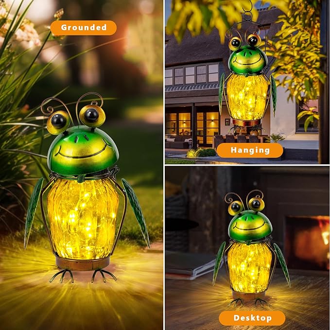 2 Pack Solar Lanterns Outdoor Waterproof Frog Hanging Solar Lantern, LED Glass Jar Outdoor Lanterns, Garden Lantern Lights for Yard Tree Table Xmas Metal Decoration