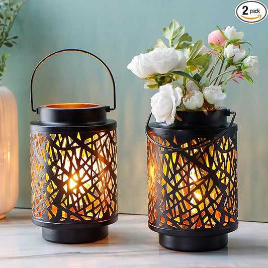 JHY DESIGN Set of 2 LED Battery Operated Table Lamp 8“H Cordless Lamp Light with 6-Hours Timer Metal Black Battery Lamp for Patio Garden Indoor Outdoor Party Events(Hollow Branch)