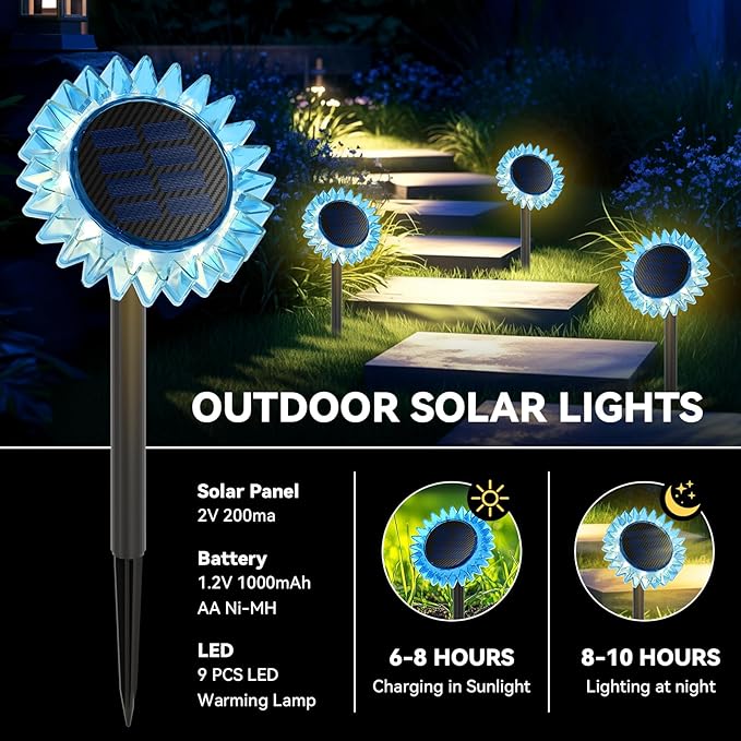 Outdoor Solar Lights, 6 Pack Led Solar Sunflower Lights, Stake/Wall 2-in-1 Waterproof Solar Garden Lights for Yard, Landscape, Fence, Patio, Driveway, Pathway, Backyard Decoration (Warm White)