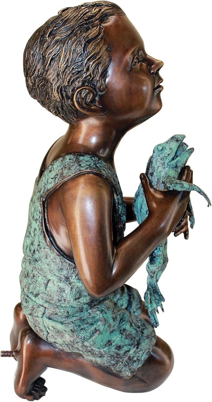 Design Toscano Friend Boy with Frog Garden Statue, Cast Bronze