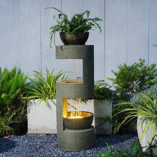 37.8" Outdoor Fountain with Waterfall & LED Lights, Freestanding Garden Water Fountain for Patio/Backyard, Resin Tiered Fountain with Pump