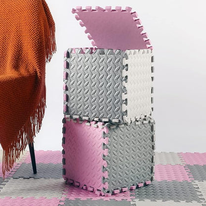 Shihanee Foam Floor Baby Tiles Foam Floor Mats Play Mats Bulk with Borders Interlocking for Kids Baby Playroom Nursery Gym (White, Gray, Pink,64ft)