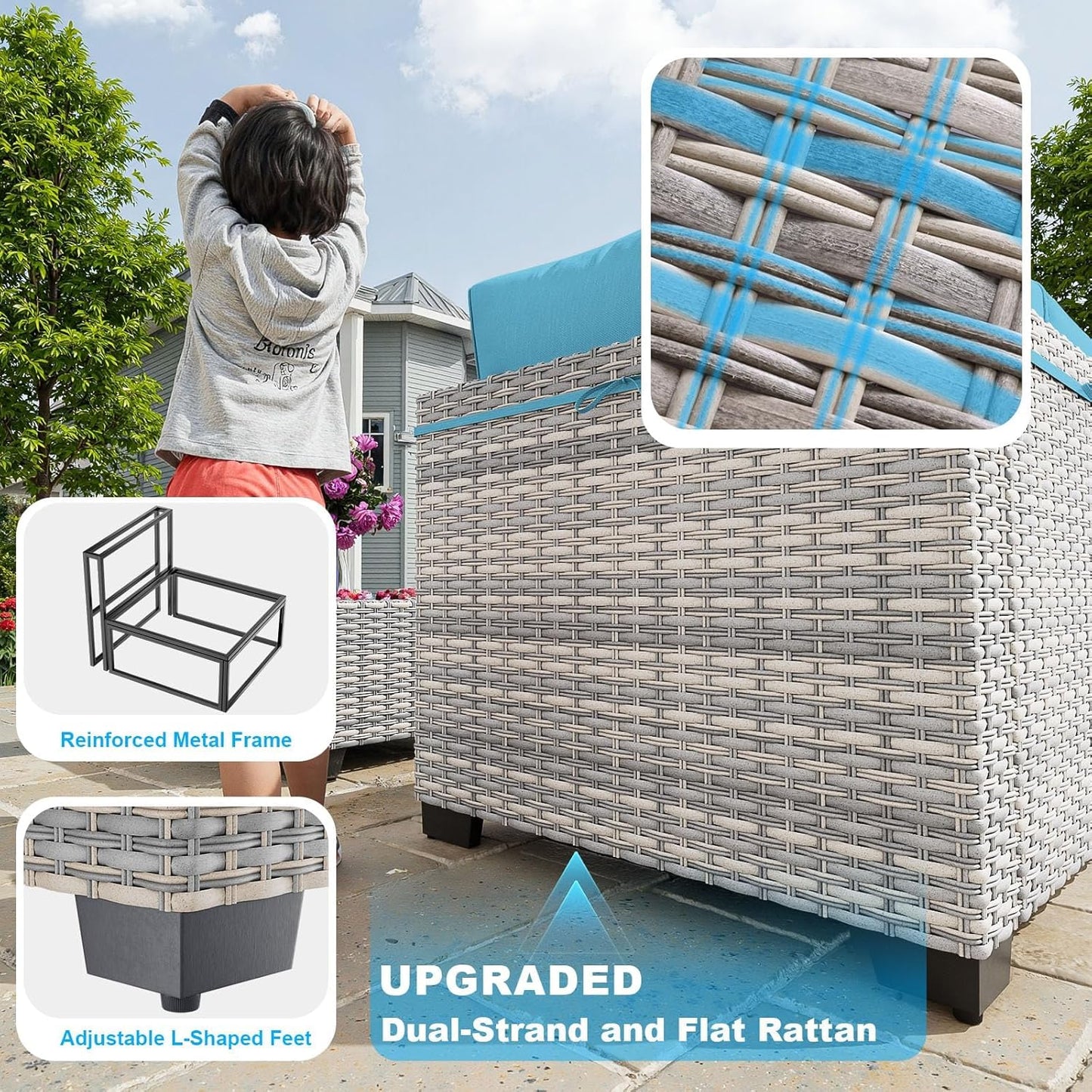 7-Piece Patio Furniture Set, Outdoor Sectional with Thick Cushions, Modular Patio Sofa, Dual-Strand Wicker Rattan, Rust-Resistant Frame, Backyard Furniture for Garden, Deck, Blue