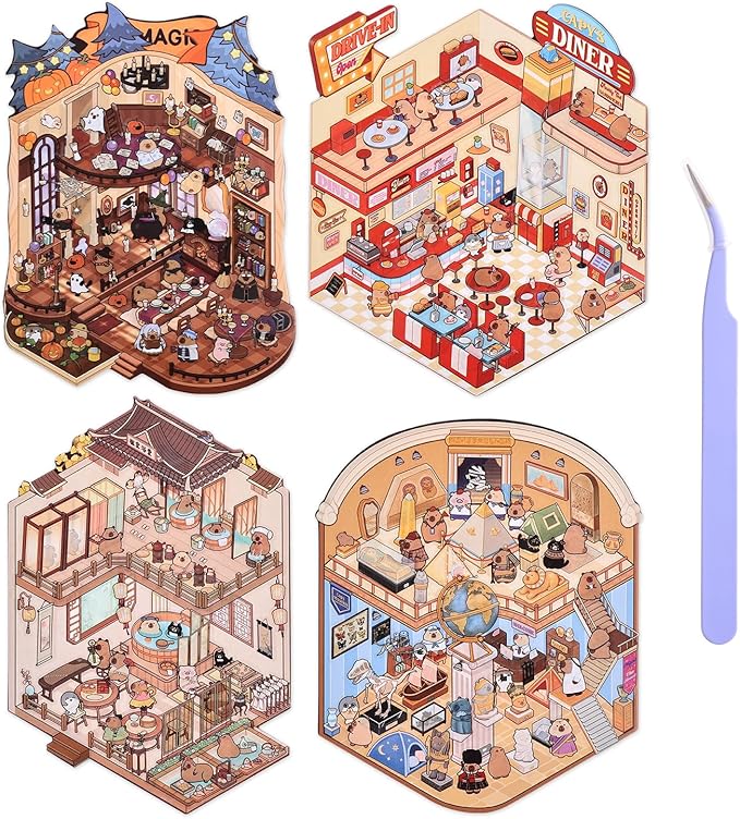 Girls 3D Miniature Scene Stickers, 4 Sets World Travel DIY House Stickers for Museun, Hotel, Magic House, Drive-In Restaurant, Cute 3D Cartoon Sticker Scenes for Adult Kids Relief Stress Pass The Time