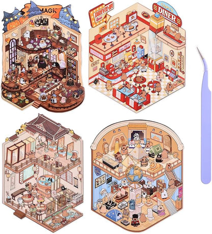Girls 3D Miniature Scene Stickers, 4 Sets World Travel DIY House Stickers for Museun, Hotel, Magic House, Drive-In Restaurant, Cute 3D Cartoon Sticker Scenes for Adult Kids Relief Stress Pass The Time