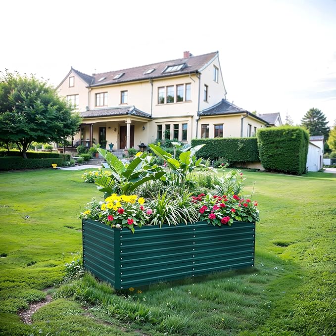Raised Garden Bed Kit-6x3x2ft-Galvanized Steel-Ideal for Vegetables, Flowers, Herbs-Large Deep Root Planter Box-Tall Design-Includes 3ft x 30ft Weed Barrier Fabric and 1 Pair of Gloves-Green