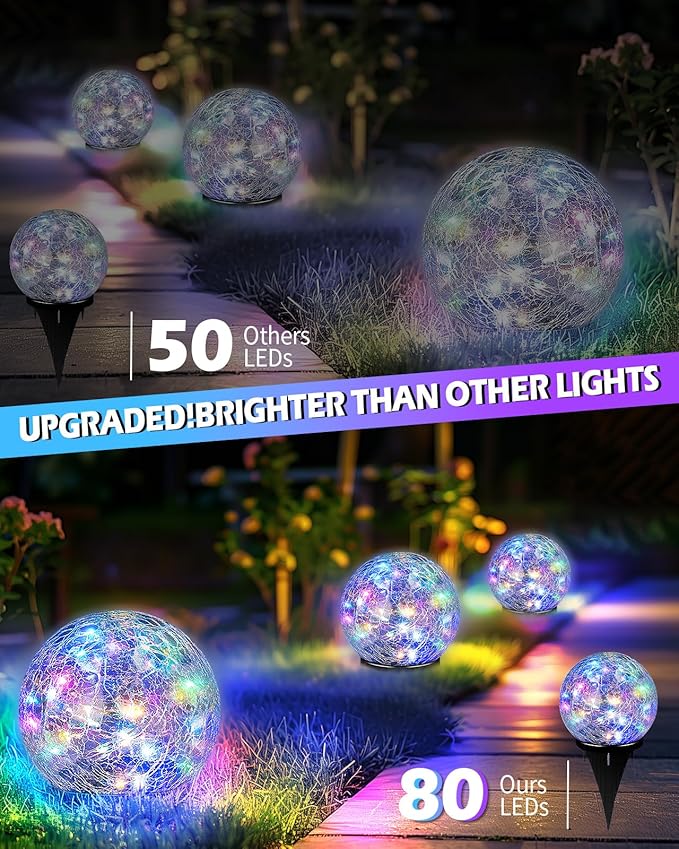 Garden Solar Ball Lights Outdoor Waterproof, 80 LED Cracked Glass Globe Solar Power Ground Lights for Path Yard Patio Lawn, Outdoor Decoration Landscape Colorful(2 Pack 5.9'')