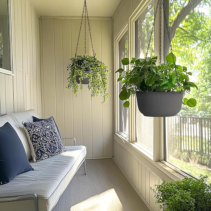 T4U 12 Inch Large Hanging Planters for Outdoor Plants, 2 Pack Self Watering Hanging Pots Indoor, Hanging Baskets for Plants,Hanging Flower Pot with Drainage Hole and Plant Hanger, Grey