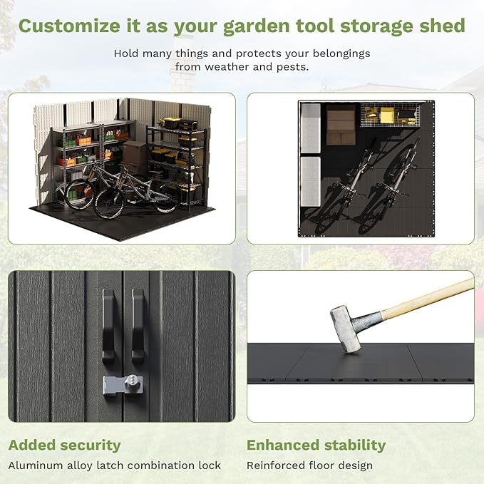 Patiowell 8 x 8 FT Plastic Outdoor Storage Shed with Floor, Resin Shed with Window and Lockable Door for Garden, Backyard, Tool Storage Use, Easy to Install in Beige (Kick-it Shed)
