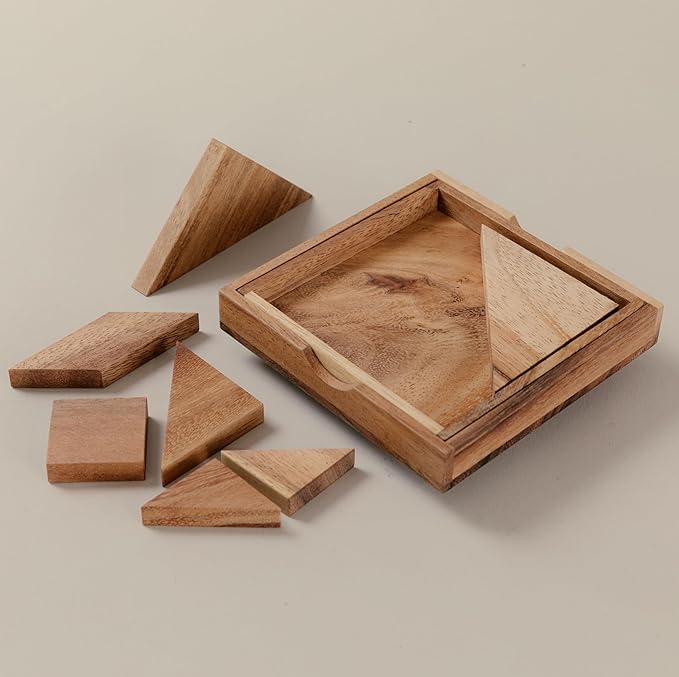 Premium Wooden Tangram - Luxury Wooden Brain Teaser Block for Kids & Adult - Wood Block Puzzle - Logic Puzzle - STEM Montessori Educational Sensory Toys for All Ages