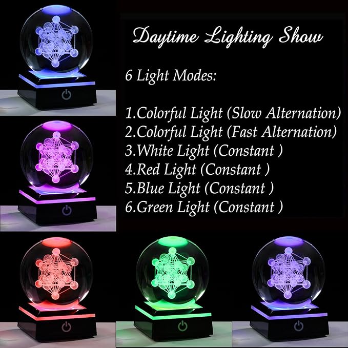 Qianwei 3D Metatron's Cube Crystal Ball with LED Colorful Lighting Touch Base - Flower of Life Night Light - Grid Sacred Geometry Sphere for Meditation Decor Spiritual Decor